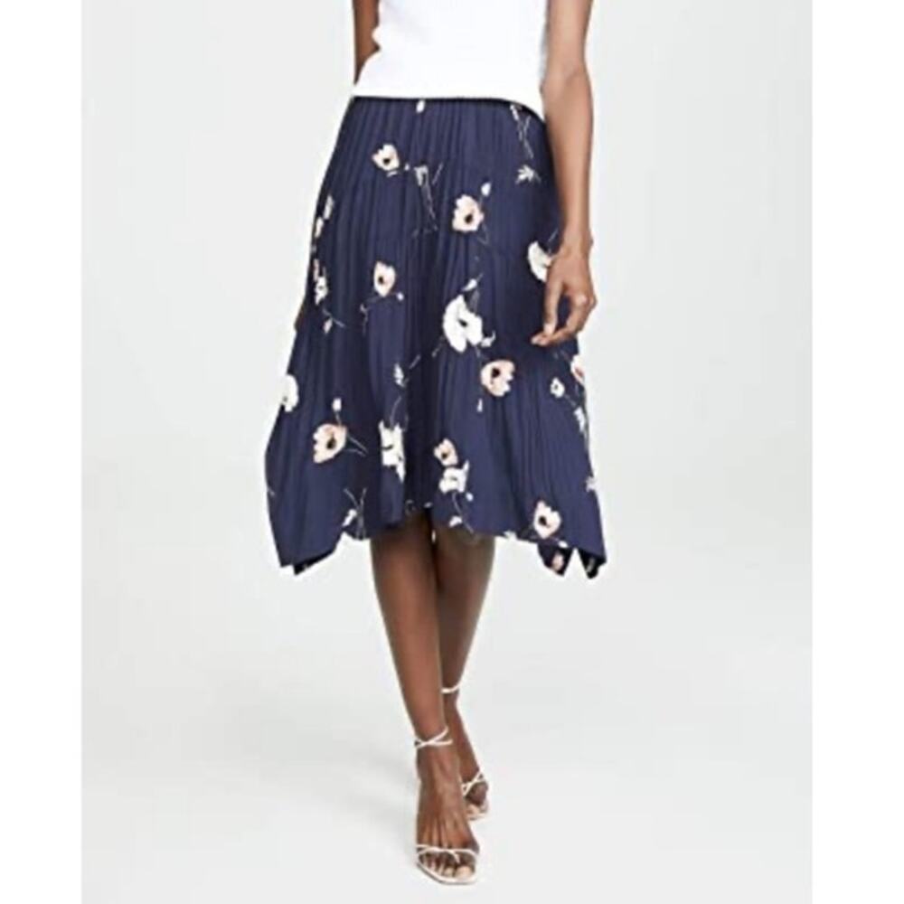 VINCE Tossed Poppy Pleated Floral Midi Knee Length Skirt in Marine